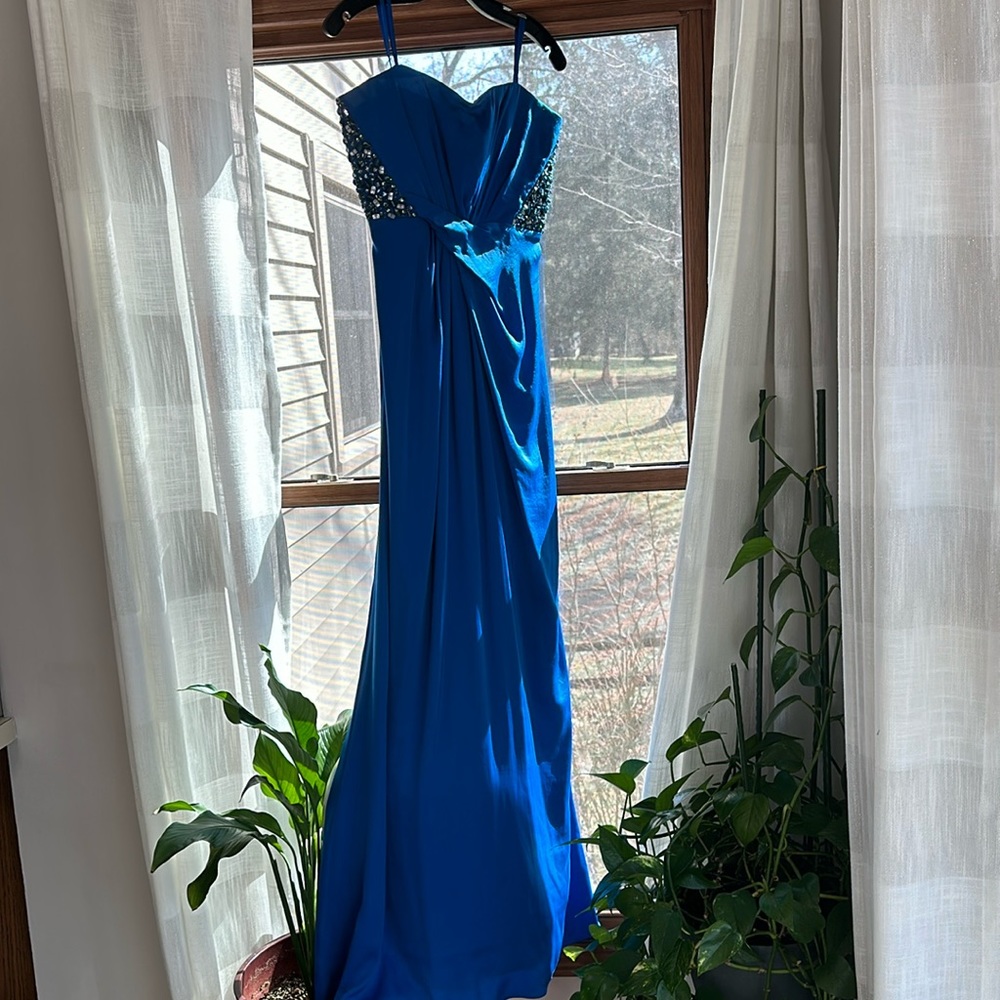 BCBG Maxarzria strapless Beaded Blue Column Gown
